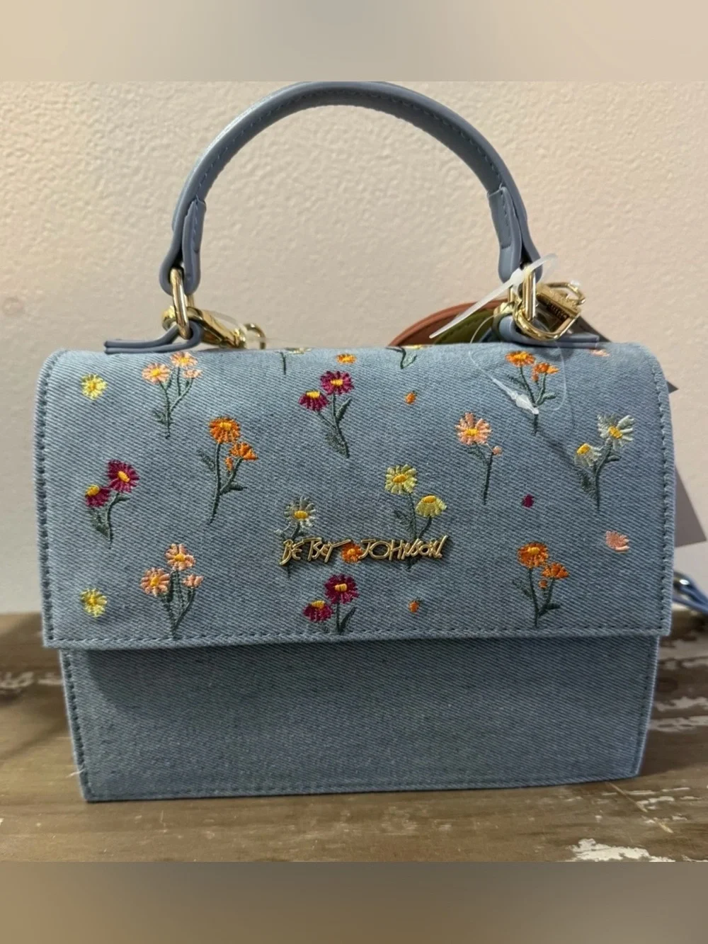NWT Betsey Johnson Denim Floral Embroidered Handbag Satchel Crossbody Bag Charm - Picture 5 of 6